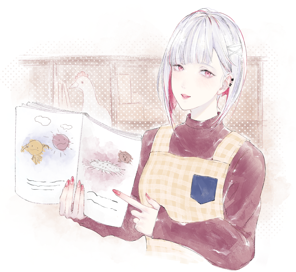 1girl :d apron blush bob_cut book child&#039;s_drawing colored_inner_hair commentary_request earclip gingham_apron grey_hair hair_ornament hanamiya_nina_(style) holding holding_book inverted_bob link!_like!_love_live! long_sleeves looking_at_viewer love_live! multicolored_hair open_book open_mouth picture_book pink_eyes red_hair red_sweater short_hair sleeves_past_wrists smile solo streaked_hair stuffed_chicken sweater teeth turtleneck turtleneck_sweater two-tone_hair upper_teeth_only virtual_youtuber x_hair_ornament yellow_apron yoruneko_yashiro yugiri_tsuzuri yugiri_tsuzuri_(winter_casual)