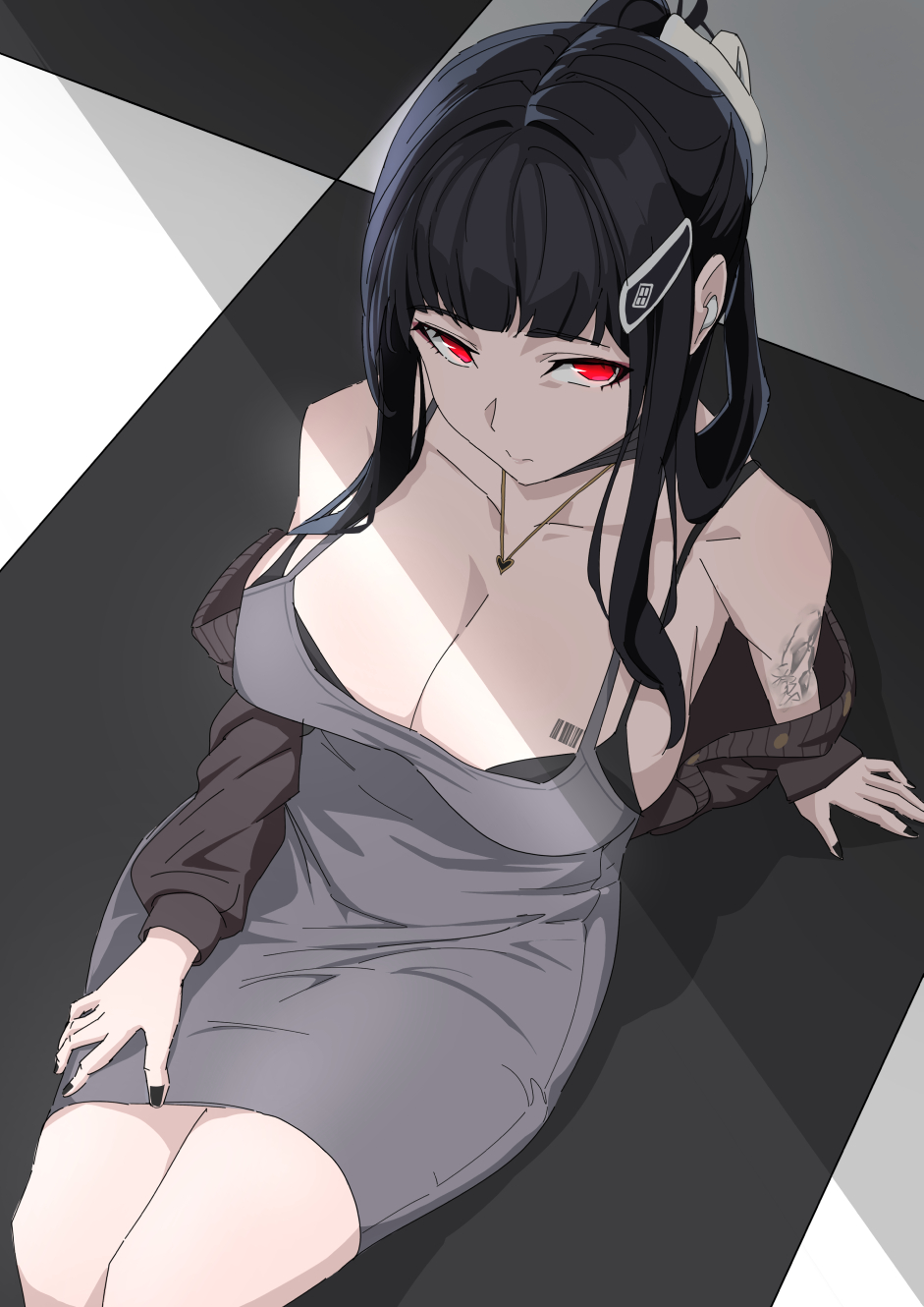 1girl arm_tattoo bare_shoulders black_bra black_hair black_jacket black_nails bra bra_peek breast_tattoo breasts checkered_floor cleavage closed_mouth commentary_request d_(killer_wife)_(nikke) d_(nikke) dress earpiece fingernails from_above goddess_of_victory:_nikke grey_dress hatenoga highres jacket large_breasts long_hair long_sleeves looking_at_viewer nail_polish off_shoulder official_alternate_costume official_alternate_hairstyle red_eyes sitting solo tattoo underwear
