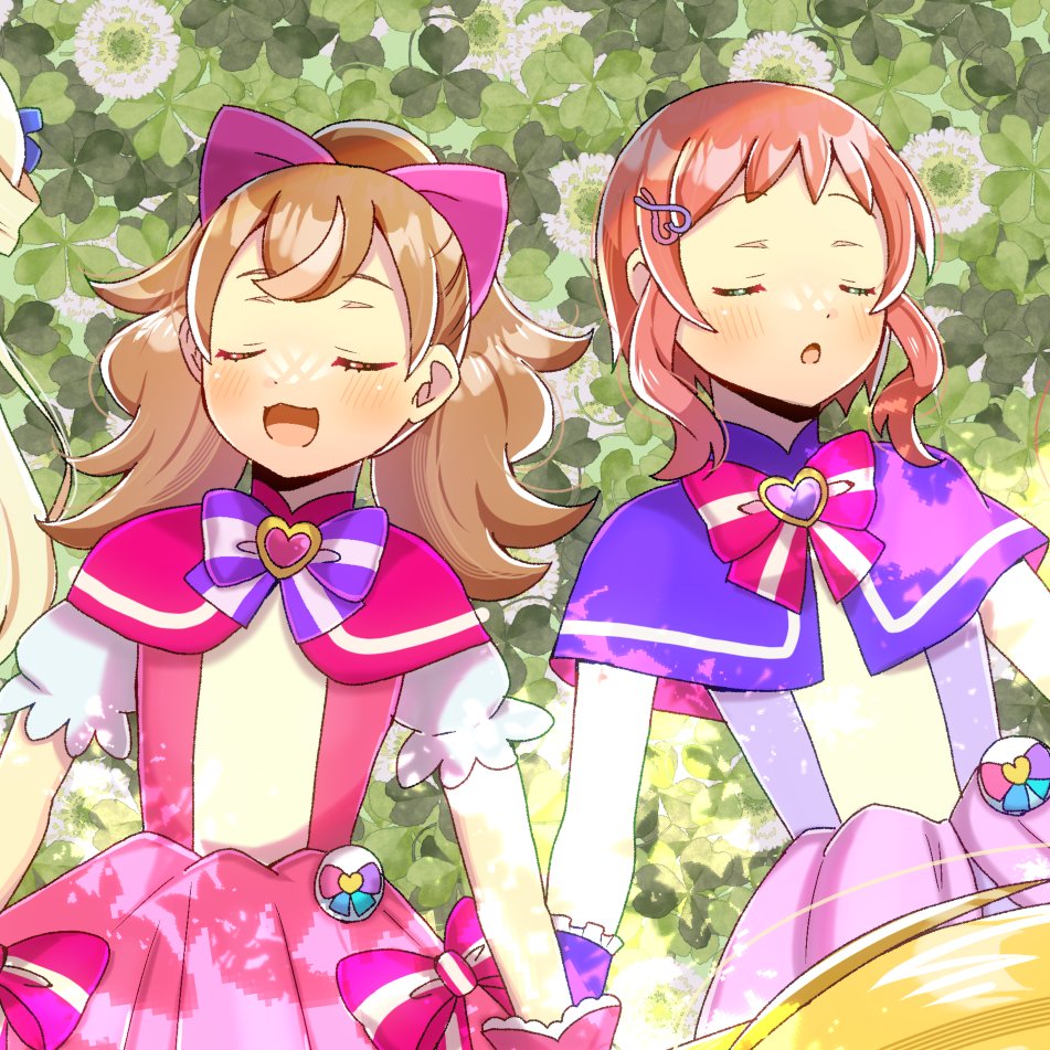 3girls :d blonde_hair blush bow brown_hair capelet character_request closed_eyes commentary_request commission cure_friendy cure_wonderful flower forehead hair_bow heart inukai_iroha inukai_komugi kou_hiyoyo long_hair lying multiple_girls on_back open_mouth parted_lips pink_bow pink_capelet pink_shirt pink_skirt pleated_skirt precure puffy_short_sleeves puffy_sleeves purple_bow purple_capelet purple_shirt shirt short_sleeves skeb_commission skirt smile striped_bow white_flower wonderful_precure!