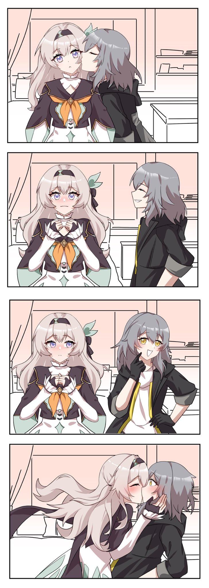 2girls :&lt; black_gloves black_hairband black_jacket blue_pupils blush bridal_gauntlets closed_mouth collared_dress cropped_jacket curtains dress firefly_(honkai:_star_rail) gloves grey_hair hair_between_eyes hair_intakes hair_ornament hair_ribbon hairband highres honkai:_star_rail honkai_(series) hsrmangakichi jacket kiss kissing_cheek multicolored_eyes multiple_girls neckerchief open_clothes open_jacket open_mouth orange_neckerchief ribbon single_bridal_gauntlet stelle_(honkai:_star_rail) teeth trailblazer_(honkai:_star_rail) two-tone_eyes white_dress yellow_eyes
