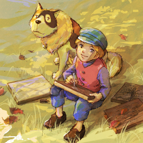 1boy a_dog_of_flanders blonde_hair blue_hat blue_pants brown_footwear check_commentary commentary_request day dog drawing_(action) hat lowres nello_(a_dog_of_flanders) outdoors pants petrasche_(a_dog_of_flanders) red_vest sakai_yume short_hair sitting vest