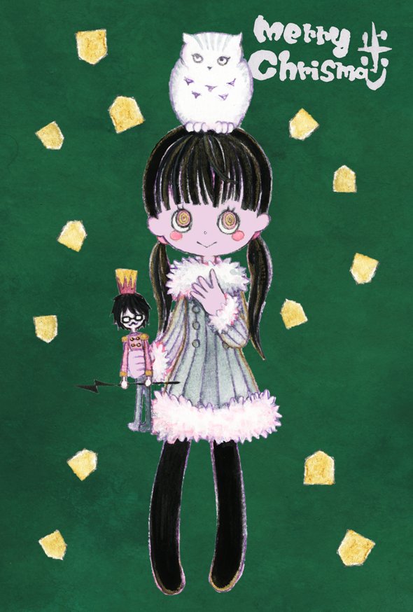 1girl :&gt; @_@ abstract animal animal_on_head band_uniform bird black-framed_eyewear black_hair black_pantyhose blunt_bangs blush blush_stickers buttons character_doll commentary_request doll dot_nose eyelashes facial_hair female_focus full_body fur-trimmed_sweater fur_trim gekidan_inu_curry glasses green_background hair_tie hand_on_own_chest happy hat holding holding_toy kawamoto_hinata kiriyama_rei legs_apart looking_up merry_christmas mustache official_art on_head owl pantyhose sangatsu_no_lion shogi_piece simple_background smile solo standing straight_hair striped_clothes striped_sweater sweater toy twintails weapon yellow_eyes