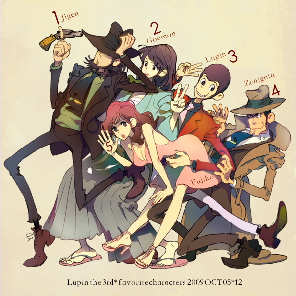 1girl 4boys arsene_lupin_iii bad_id bad_pixiv_id beard blue_necktie dress everyone facial_hair fedora formal_clothes gun handgun hat ishikawa_goemon_xiii jacket jigen_daisuke lupin_iii mine_fujiko multiple_boys necktie ninton purple_necktie red_jacket revolver sideburns suit tms_entertainment weapon zenigata_kouichi