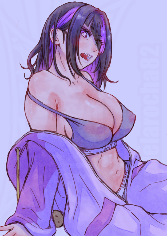 1girl black_hair bra breasts capcom cleavage delarocha82 fangs han_juri large_breasts long_hair multicolored_hair nipples one_eye_covered pajamas purple_eyes purple_hair street_fighter underwear