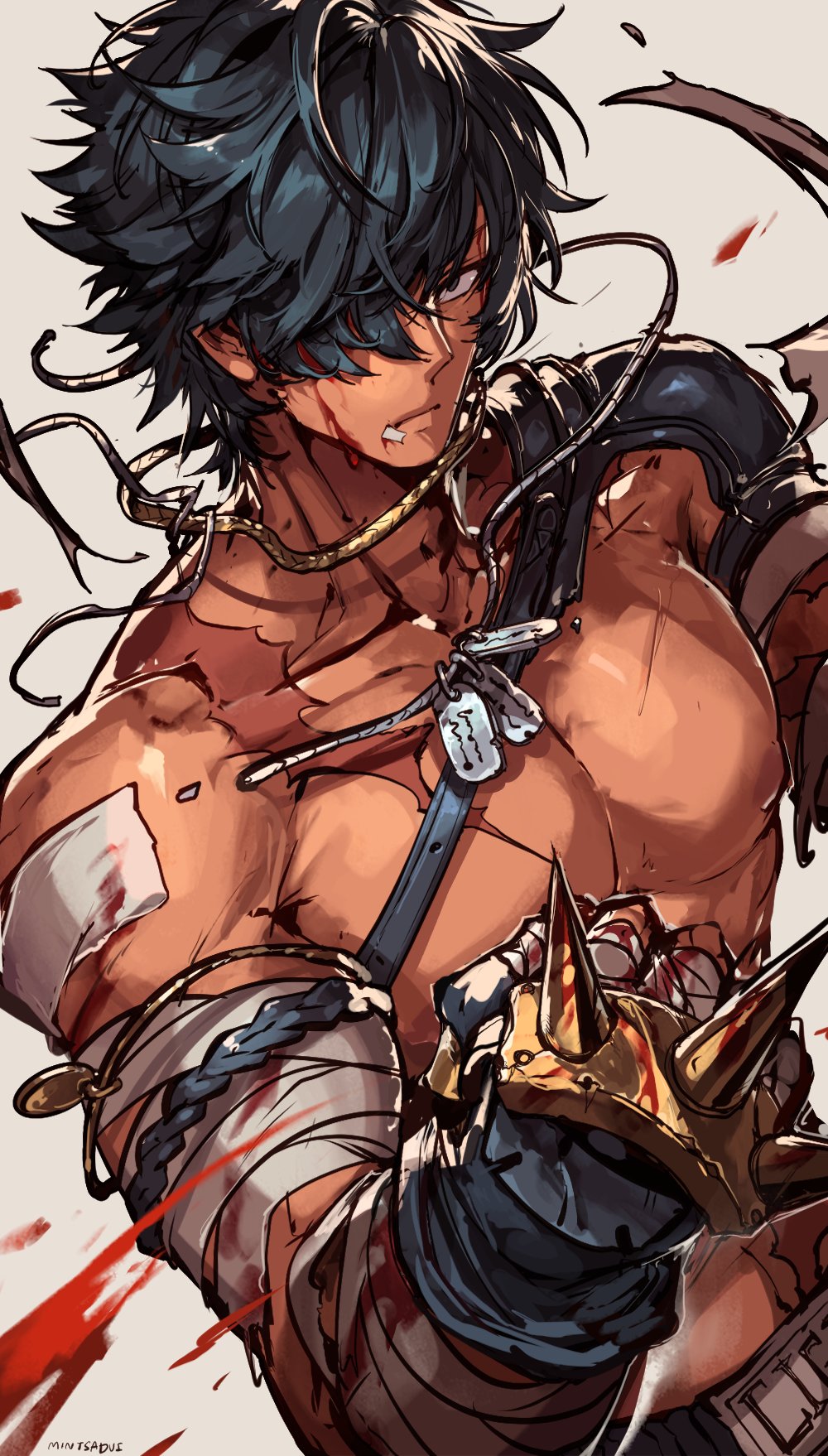1boy abs armor artist_name bandaged_arm bandages bandaid bandaid_on_face bandaid_on_shoulder blood blood_on_face closed_mouth dog_tags hair_over_one_eye hashtag-only_commentary highres lighter_(zenless_zone_zero) looking_at_viewer male_focus nipples one_eye_covered pauldrons pectorals sa-dui shoulder_armor single_pauldron spiked_knuckles topless_male white_background zenless_zone_zero