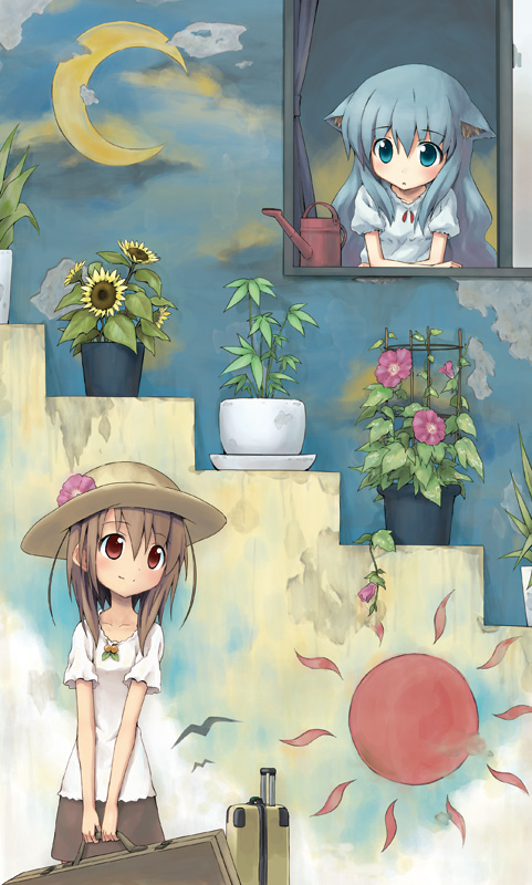 aikei_ake ake animal_ears blue_eyes blue_hair brown_hair cat_ears crescent_moon flower hat long_hair moon original plant potted_plant red_eyes skirt stairs suitcase sun watering_can window