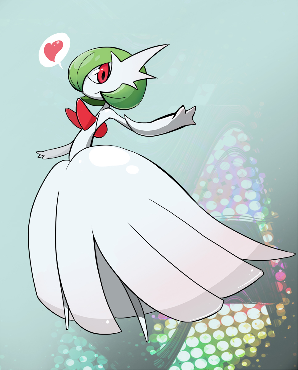 bob_cut colored_skin dress elbow_gloves gardevoir gen_3_pokemon gloves green_hair heart highres looking_at_viewer mega_gardevoir mega_pokemon nintendo no_feet pink_eyes pokemon pokemon_(creature) smile strapless strapless_dress warabimoti168 white_dress white_gloves white_skin