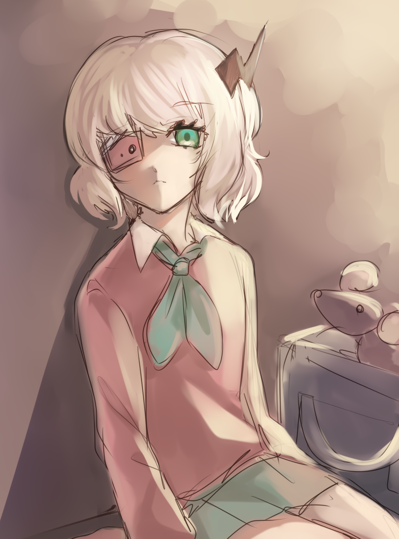 1girl ainozami bandaged_head bandages black_horns blunt_bangs cellphone collared_shirt eyepatch frown green_eyes green_neckerchief green_skirt horns long_sleeves looking_at_viewer miniskirt neckerchief phone phone_eyepatch pink_sweater puffy_sleeves ruru_(shinsei_kamattechan) shinsei_kamattechan shirt short_hair single_horn sitting skirt solo stuffed_animal stuffed_mouse stuffed_toy sweater thighs white_hair white_shirt