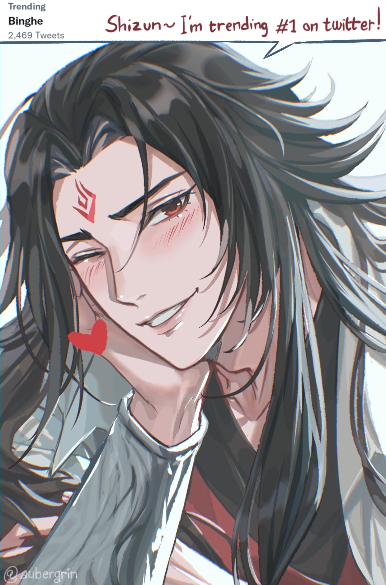 1boy aubergrin black_hair blush chinese_clothes collarbone commentary curtained_hair english_commentary english_text facial_mark forehead_mark grin hair_over_shoulder hand_on_own_chin hand_up hanfu head_rest heart highres long_hair long_sleeves looking_at_viewer luo_binghe male_focus one_eye_closed parted_bangs portrait red_eyes renzha_fanpai_zijiu_xitong sidelocks smile solo speech_bubble teeth twitter twitter_username white_hanfu zuiyin