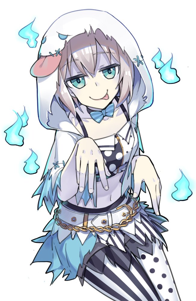 1girl :p aoba_moca asymmetrical_legwear bang_dream! belt blue_bow blue_bowtie blue_eyes bow bowtie capelet chain collarbone crop_top female_focus ghost_costume ghost_pose grey_hair hands_up hitodama hood hood_up hooded_capelet looking_at_viewer midriff nashi_(tidal0414) navel pale_skin pantyhose polka_dot polka_dot_legwear short_hair simple_background sitting solo stitches striped_bow striped_bowtie striped_clothes striped_legwear striped_neckwear striped_pantyhose tongue tongue_out uneven_legwear vertical-striped_clothes vertical-striped_legwear vertical-striped_pantyhose white_background