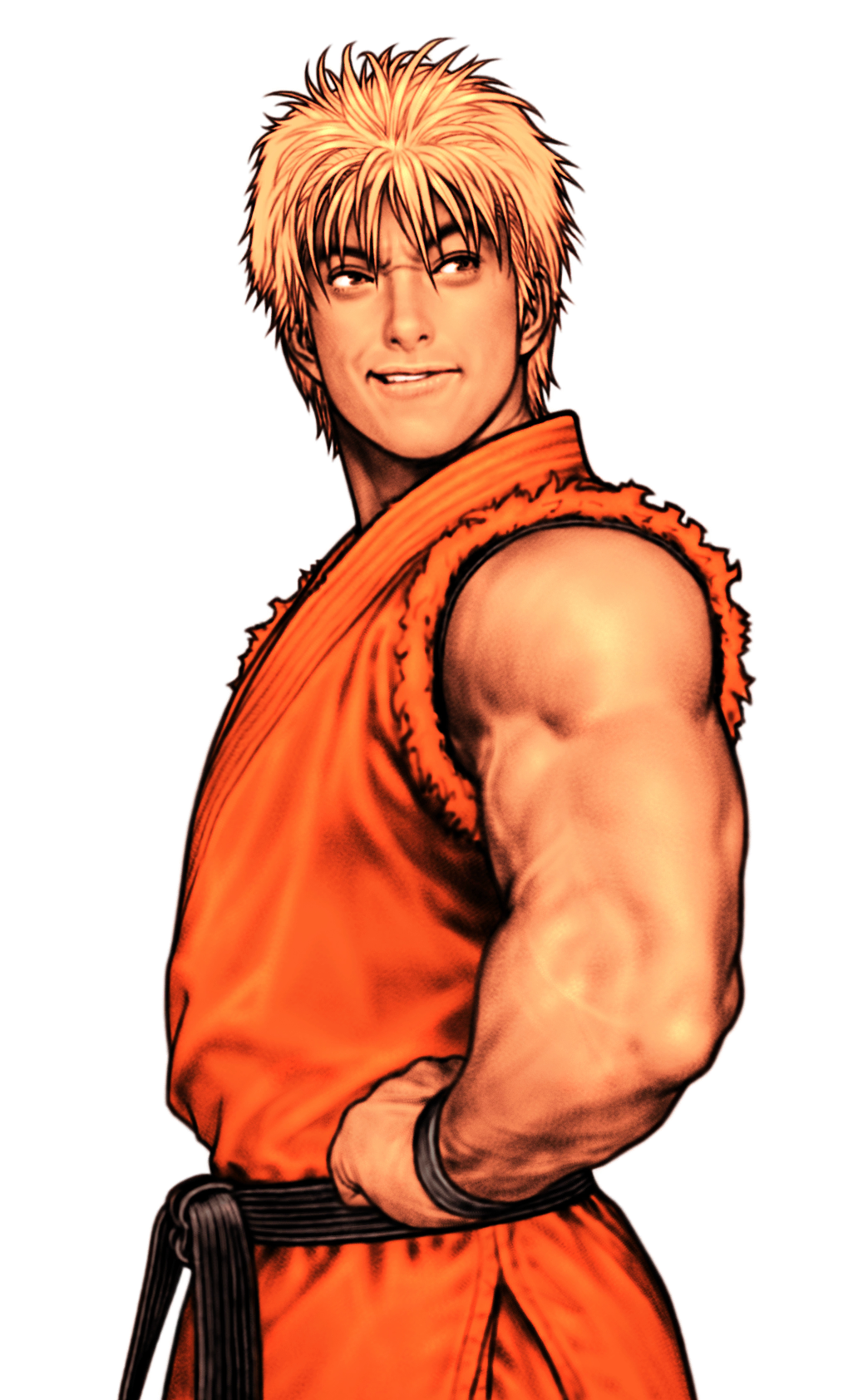 1boy belt black_belt black_undershirt blonde_hair capcom_vs_snk_2 dougi facing_to_the_side fatal_fury game_cg hand_on_own_hip highres looking_to_the_side male_focus martial_arts_belt mori_toshiaki muscular non-web_source official_art orange_dougi parted_lips raised_eyebrow ryou_sakazaki sleeveless smile snk solo teeth the_king_of_fighters torn_clothes torn_sleeves upper_teeth_only wristband