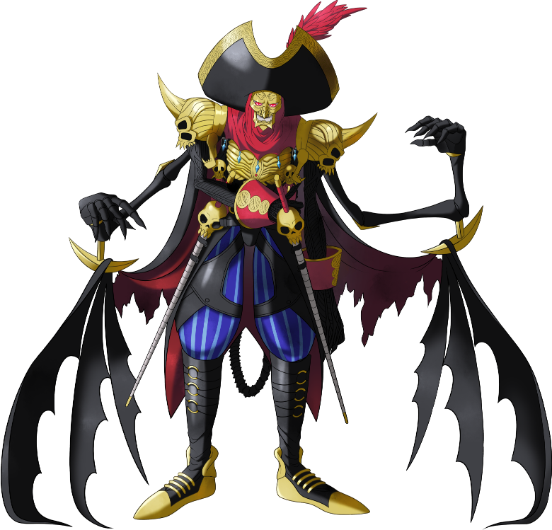 1boy bandai claws demon demon_wings digimon digimon_(creature) digimon_survive extra_arms full_body hat holding holding_sword holding_weapon looking_at_viewer official_art pirate_hat red_eyes simple_background standing sword voltobautamon weapon wings