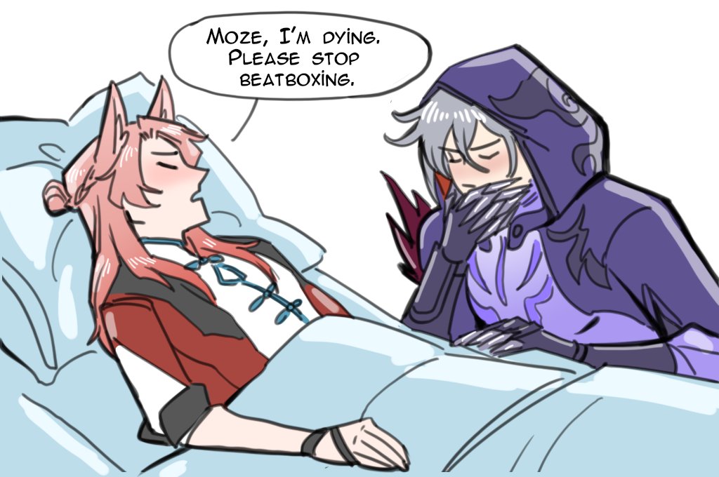 2boys animal_ear_fluff animal_ears chinese_clothes clawed_gauntlets closed_eyes commentary covering_own_mouth english_commentary english_text feathers fox_boy fox_ears gauntlets grey_hair hair_between_eyes hair_intakes hand_on_bed honkai:_star_rail honkai_(series) hood hooded_jacket jacket jiaoqiu_(honkai:_star_rail) karki_art lapels long_hair long_sleeves lying male_focus mandarin_collar meme moze_(honkai:_star_rail) multiple_boys on_back open_mouth pillow pink_hair please_stop_beatboxing_(meme) plume purple_hood purple_jacket red_feathers red_jacket simple_background sleeve_cuffs speech_bubble under_covers white_background