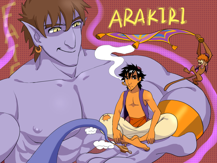 2boys abu_(aladdin) aladdin_(disney) aladdin_(movie) brown_hair crossover disney emiya_kiritsugu emiya_shirou fate/zero fate_(series) fez_hat fusion genie_(aladdin) hat kotomine_kirei magic_carpet mihoutao multiple_boys parody smoking_pipe style_parody vest