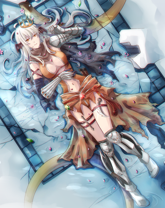 1girl armor armored_boots assassin_cross_(ragnarok_online) black_gloves black_thighhighs black_wings boots breasts brown_leotard clip_studio_paint_(medium) closed_mouth commentary commission crown elbow_gloves english_commentary full_body gloves hand_on_own_stomach head_wings himitsu_(dark_nao) leotard long_hair looking_at_viewer lying medium_breasts navel on_back orange_eyes pauldrons petals petals_on_liquid ragnarok_online revealing_clothes shoulder_armor smile solo thighhighs vambraces water white_hair wings