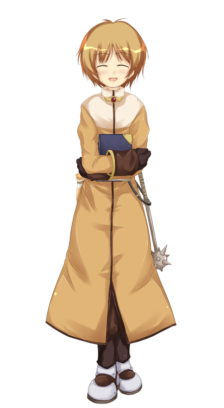 1boy acolyte_(ragnarok_online) armored_boots blonde_hair blush book boots brown_gloves brown_pants cassock closed_eyes crossed_arms full_body gloves holding holding_book large_variant_set long_sleeves mace male_focus official_art open_mouth pants ragnarok:_guild_masters ragnarok_online short_hair simple_background smile solo spiked_mace spikes standing transparent_background variant_set weapon yumesato_makura