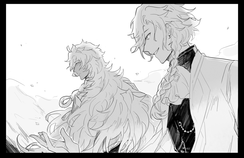 2boys alternate_costume ascot border braid chaldea_logo closed_mouth dark-skinned_male dark_skin expressionless fate/grand_order fate_(series) greyscale grin jacket long_hair looking_at_another looking_back male_focus marisbury_animusphere monochrome multiple_boys open_clothes open_jacket ruoyin side_braid simple_background single_braid smile solomon_(fate) upper_body very_long_hair