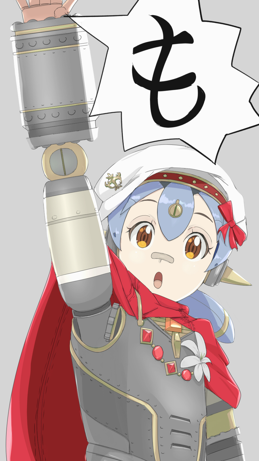 1girl android arm_up beret blue_hair grey_background hat highres looking_back open_mouth orange_eyes poppi_(xenoblade) poppi_alpha_(xenoblade) red_scarf scarf simple_background solo tareme upper_body wachi_99 white_hat xenoblade_chronicles_(series) xenoblade_chronicles_2