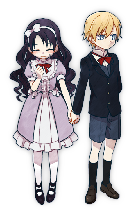 1boy 1girl bad_id bad_pixiv_id blonde_hair blue_eyes blush chloe_ardenne chloe_no_requiem closed_eyes holding_hands hetero kangmoro long_hair michel_d&#039;alembert pantyhose purple_hair short_hair