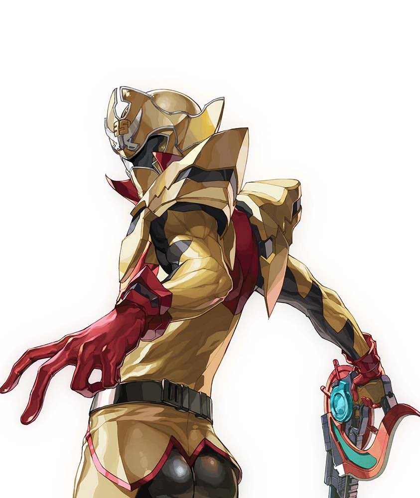 1boy animification ass from_behind gloves helmet holding holding_sword holding_weapon kikai_sentai_zenkaiger looking_to_the_side male_focus nishii_(damnedrive) open_hand red_gloves solo super_sentai sword tokusatsu twokaiser upper_body visor weapon white_background