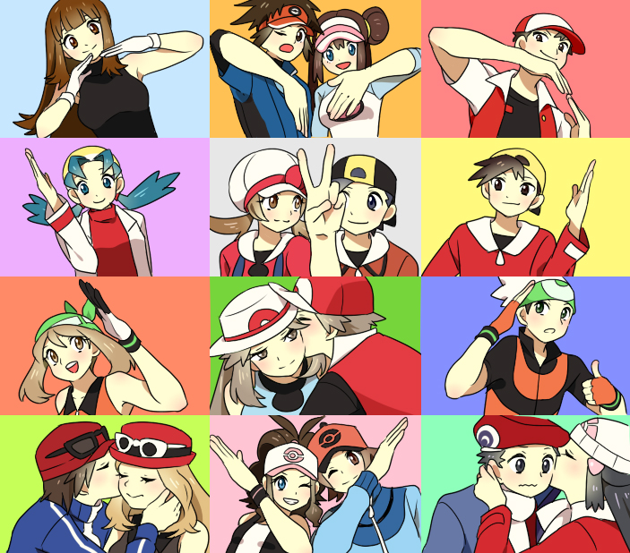 00s 10s 1990s_(style) 6+boys 6+girls bad_id bad_pixiv_id bandana beanie blunt_bangs brendan_(pokemon) brendan_(pokemon_emerald) calem_(pokemon) clenched_teeth closed_mouth couple dawn_(pokemon) dual_persona ethan_(pokemon) eyelashes green_(pokemon) green_bandana grin hand_in_own_hair happy hat heads_together heart heart_trace hetero hilbert_(pokemon) hilda_(pokemon) kiss kissing_cheek kris_(pokemon) layered_sleeves leaf_(pokemon) long_sleeves lucas_(pokemon) lyra_(pokemon) may_(pokemon) may_(pokemon_emerald) multiple_boys multiple_girls nate_(pokemon) nintendo open_mouth parted_lips poke_ball_symbol pokemon pokemon_bw pokemon_bw2 pokemon_dppt pokemon_emerald pokemon_frlg pokemon_gsc pokemon_hgss pokemon_rgby pokemon_rgby_beta pokemon_rse pokemon_xy prototype_design pumpkinpan red_(pokemon) red_(pokemon_frlg) red_hat retro_artstyle rosa_(pokemon) round_teeth serena_(pokemon) short_over_long_sleeves short_sleeves simple_background sleeveless smile teeth upper_body upper_teeth_only v wavy_mouth when_you_see_it white_hat