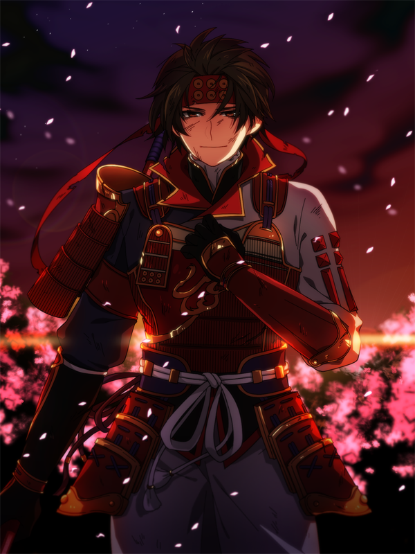 armor headband male_focus petals polearm sanada_yukimura_(sengoku_musou) scratches sengoku_musou spear weapon