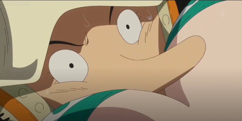 1boy 1girl accidental_pervert between_breasts breasts cleavage face_between_breasts face_to_breasts femdom friends hat head_between_breasts head_out_of_frame large_breasts long_nose mouth_covering nami_(one_piece) one_piece screencap sexually_suggestive sweat toei_animation usopp usopp_(post-timeskip) view_between_breasts