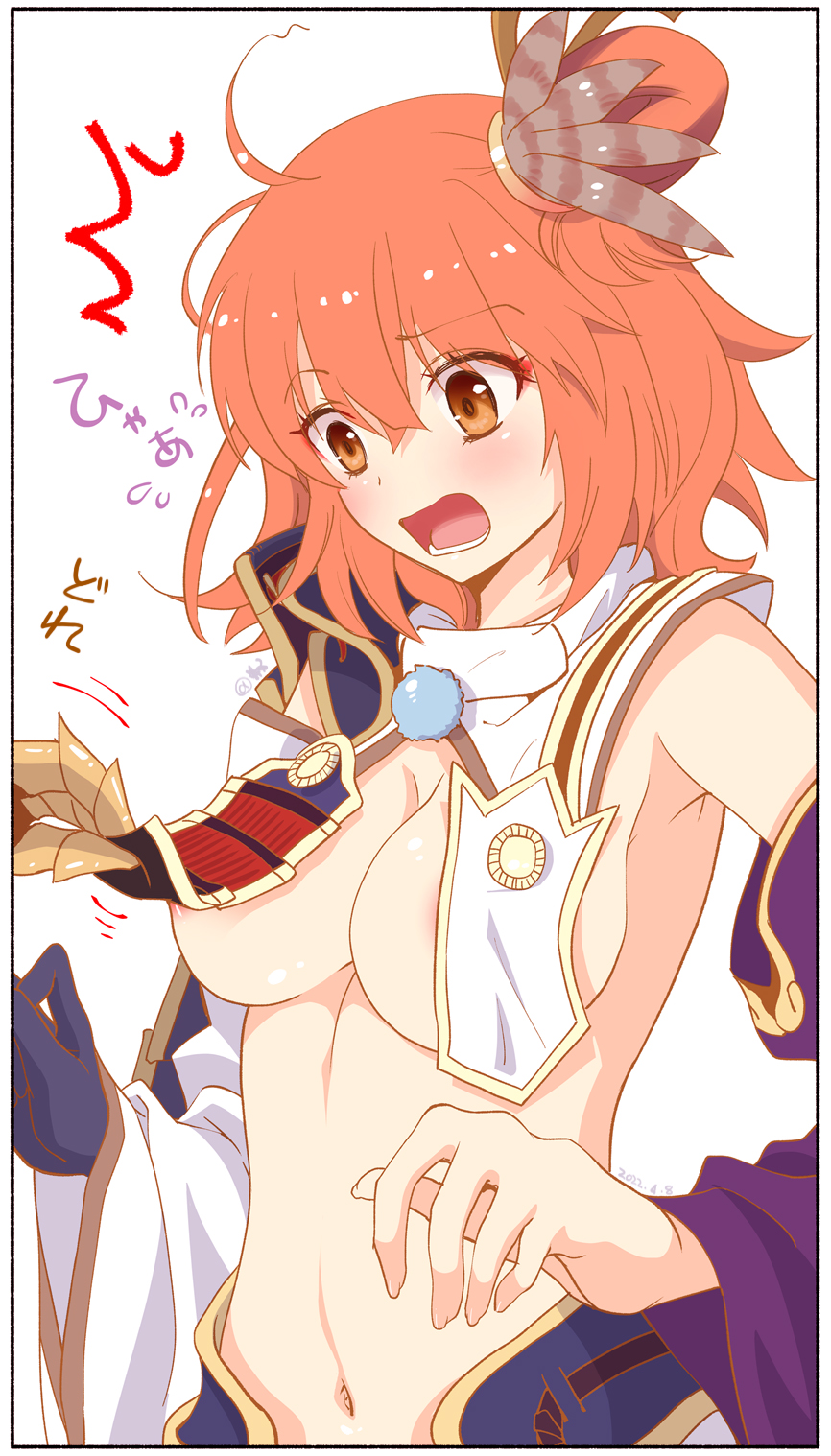 1girl armpits blush breast_curtains breasts commentary_request cosplay fate/grand_order fate_(series) fujimaru_ritsuka_(female) gilgamesh gilgamesh_(caster)_(fate) gilgamesh_(fate) ha_nyat hair_between_eyes hair_bun highres large_breasts midriff navel open_mouth orange_hair short_hair single_side_bun solo ushiwakamaru_(fate) ushiwakamaru_(fate)_(cosplay)