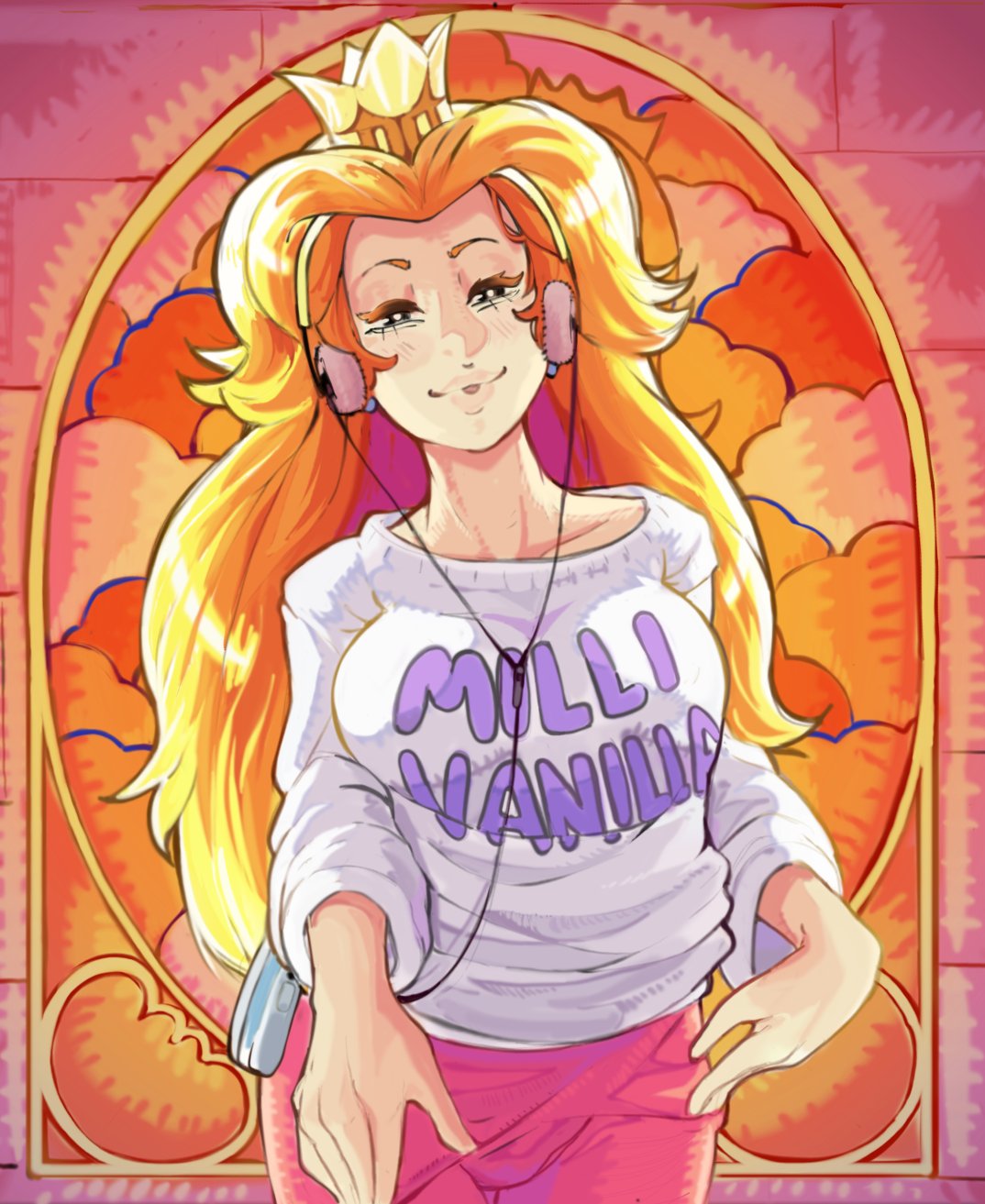 blonde_hair breasts crown goose_llow headphones highres large_breasts lips long_hair long_sleeves mario_(series) nintendo pants princess_peach shirt the_adventures_of_super_mario_bros._3