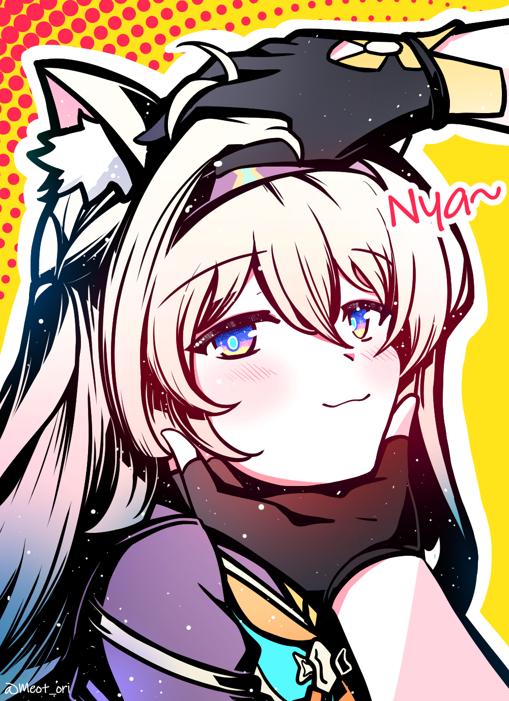 animal_ears caelus_(honkai:_star_rail) cat_ears electronduck firefly_(honkai:_star_rail) gloves green_pupils grey_hair hair_between_eyes hairband headpat highres honkai:_star_rail honkai_(series) jacket multicolored_eyes multicolored_hair neckerchief orange_neckerchief trailblazer_(honkai:_star_rail)