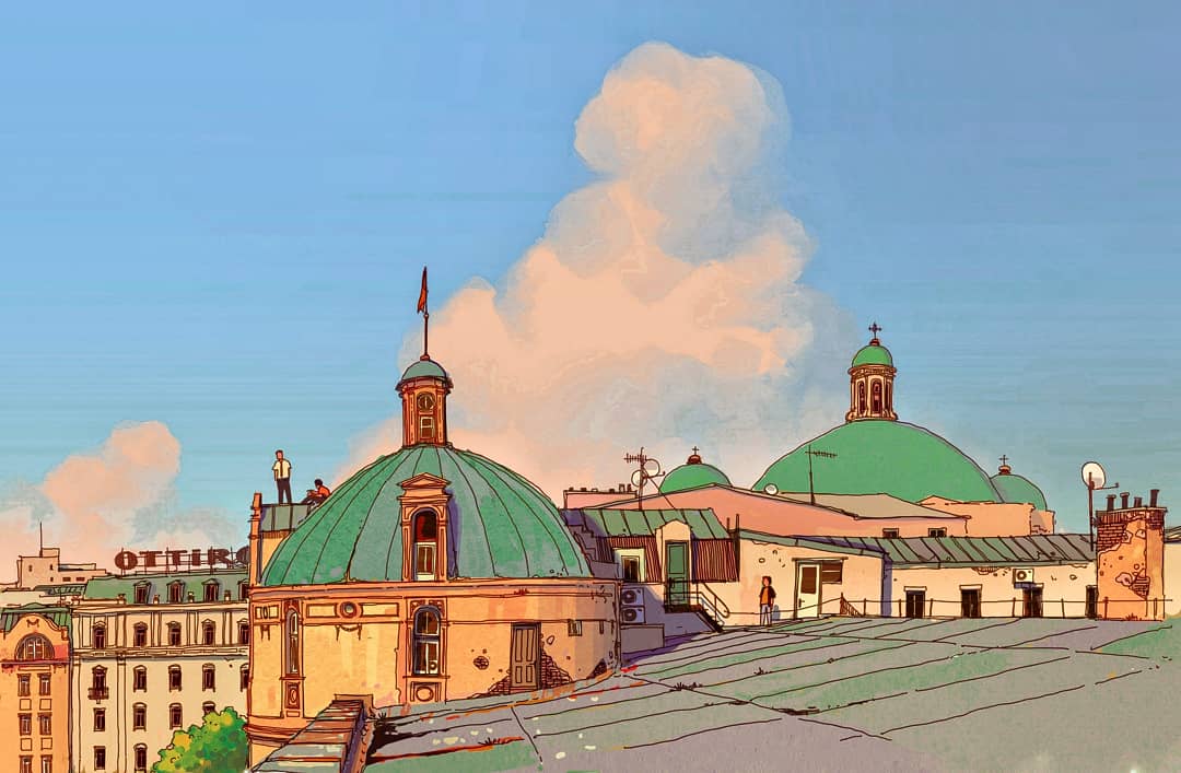 alariko apartment blue_sky brick_wall chimney cloud cloudy_sky day dome hotel on_roof original scenery shadow sky standing_on_roof sunlight sunset window