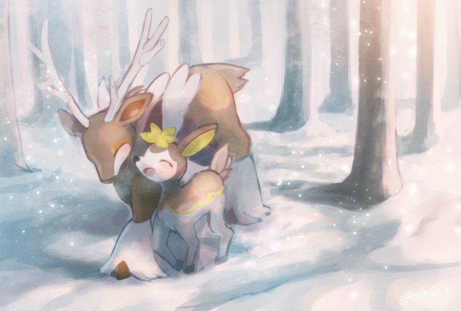 :d closed_eyes commentary_request day deerling deerling_(winter) evolutionary_line gen_5_pokemon kikuyoshi_(tracco) nintendo no_humans open_mouth outdoors pokemon pokemon_(creature) sawsbuck sawsbuck_(winter) smile snow snowing tongue tree