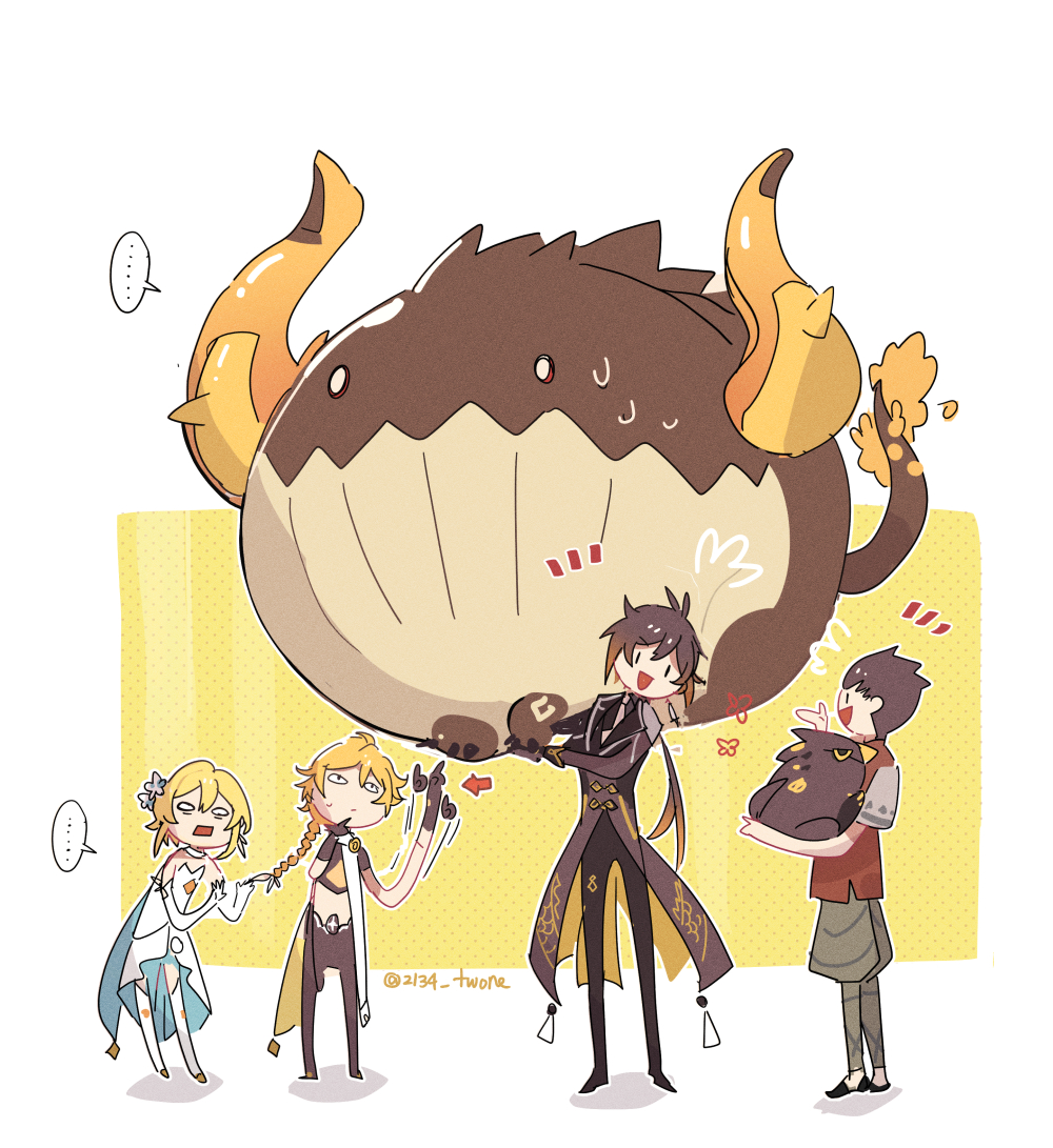 1girl 2134twone 3boys :d aether_(genshin_impact) animal azhdaha_(genshin_impact) braid brown_coat coat detached_sleeves dress flower genshin_impact hair_flower hair_ornament holding holding_animal long_hair lumine_(genshin_impact) multiple_boys o_o open_mouth outline ranjit_(genshin_impact) scarf small_sweatdrop smile standing twitter_username white_dress white_outline zhongli_(genshin_impact) |_|