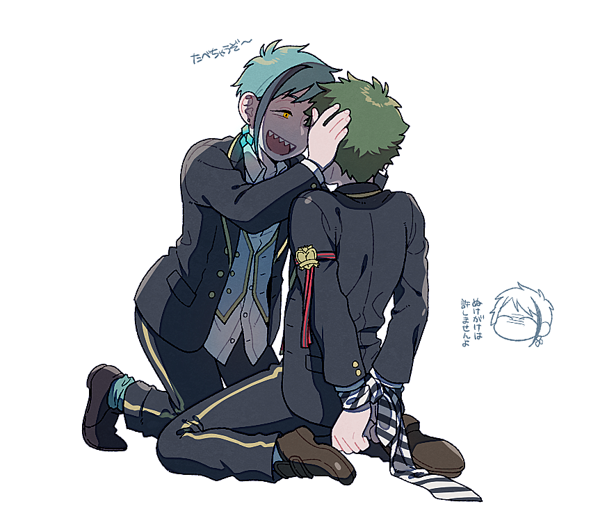 2boys black_jacket black_pants blue_socks blue_vest bound bound_wrists buttons floyd_leech green_hair hands_on_another&#039;s_face jacket jade_leech kiri_futoshi kneeling looking_at_another male_focus multiple_boys necktie_around_wrists open_mouth pants shaded_face sharp_teeth simple_background socks teeth translation_request trey_clover twisted_wonderland vest white_background yaoi yellow_eyes