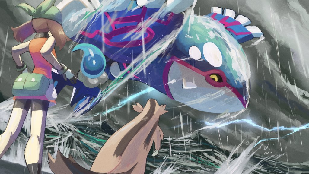 1girl bandana bike_shorts black_legwear black_sclera brown_hair closed_mouth colored_sclera commentary_request dress gen_3_pokemon gloves green_bag green_bandana kneepits kyogre legendary_pokemon lightning linoone may_(pokemon) may_(pokemon_emerald) nintendo orange_dress pokemon pokemon_(creature) pokemon_emerald pokemon_rse rain rowdon short_dress sleeveless socks standing storm water yellow_eyes