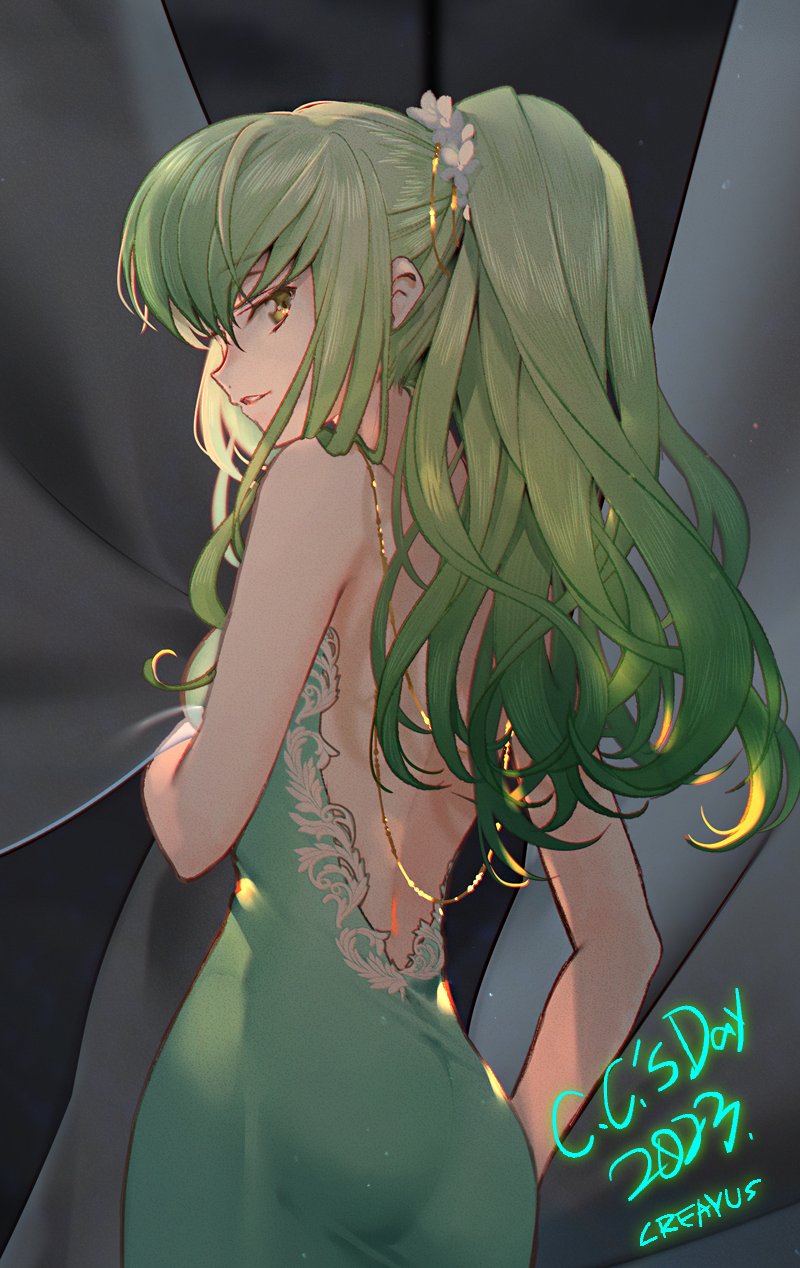 1girl ass breasts c.c. cleavage code_geass creayus dress green_dress green_hair hairband highres long_hair looking_at_viewer medium_breasts night night_sky open_mouth sky solo star_(sky) watermark window yellow_eyes