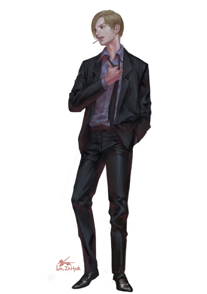 1boy artist_name black_necktie blonde_hair blue_shirt cigarette commentary curly_eyebrows english_commentary formal_clothes full_body hand_in_pocket in-hyuk_lee long_sleeves male_focus mouth_hold necktie one_piece open_mouth realistic sanji_(one_piece) shirt short_hair signature simple_background solo standing suit teeth white_background
