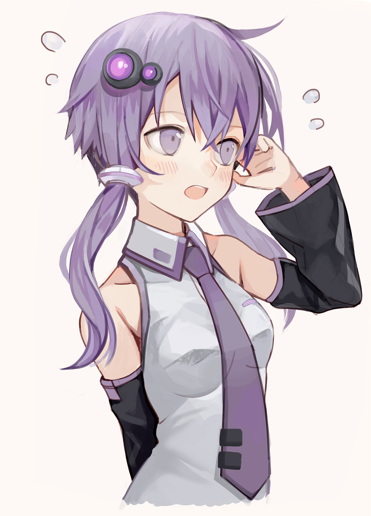 1girl arm_behind_back blush breasts bug collared_shirt cosplay cropped_torso detached_sleeves fly grey_shirt hair_ornament hatsune_miku hatsune_miku_(cosplay) highres insect kari_kenji long_sleeves open_mouth purple_eyes purple_hair shirt short_hair_with_long_locks simple_background small_breasts solo upper_body vocaloid voiceroid white_background yuzuki_yukari
