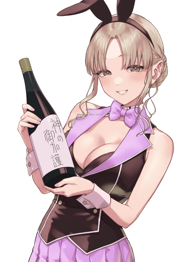 1girl animal_ears bottle bow bowtie breasts brown_eyes bunny_garden cleavage commentary_request detached_collar fake_animal_ears fingernails grin herio holding holding_bottle hostess large_breasts light_brown_hair looking_at_viewer nijisanji nontraditional_playboy_bunny parody parted_lips pink_bow pink_bowtie pink_nails pink_skirt rabbit_ears sake_bottle shirt sister_claire skirt sleeveless sleeveless_shirt smile solo translation_request transparent_background upper_body virtual_youtuber wrist_cuffs