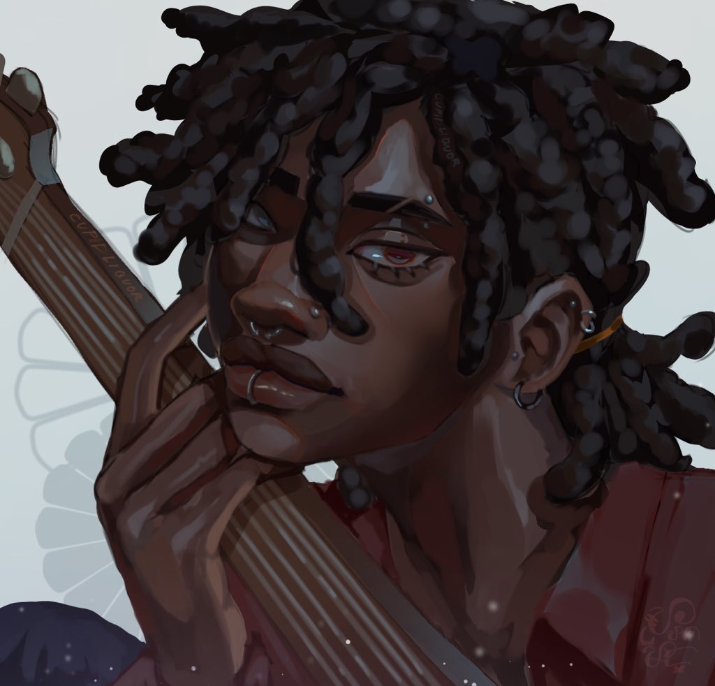 1boy adventure_time adventure_time:_fionna_and_cake black_hair brown_lips closed_mouth cupidliquor dark-skinned_male dark_skin dreadlocks ear_piercing eyebrow_cut eyebrow_piercing eyelashes face_piercing guitar instrument labret_piercing lip_piercing lip_ring lips male_focus marshall_lee marshall_lee_(human) nose nose_piercing nose_ring nostrils piercing ponytail red_eyes shirt simple_background solo thick_lips very_dark_skin