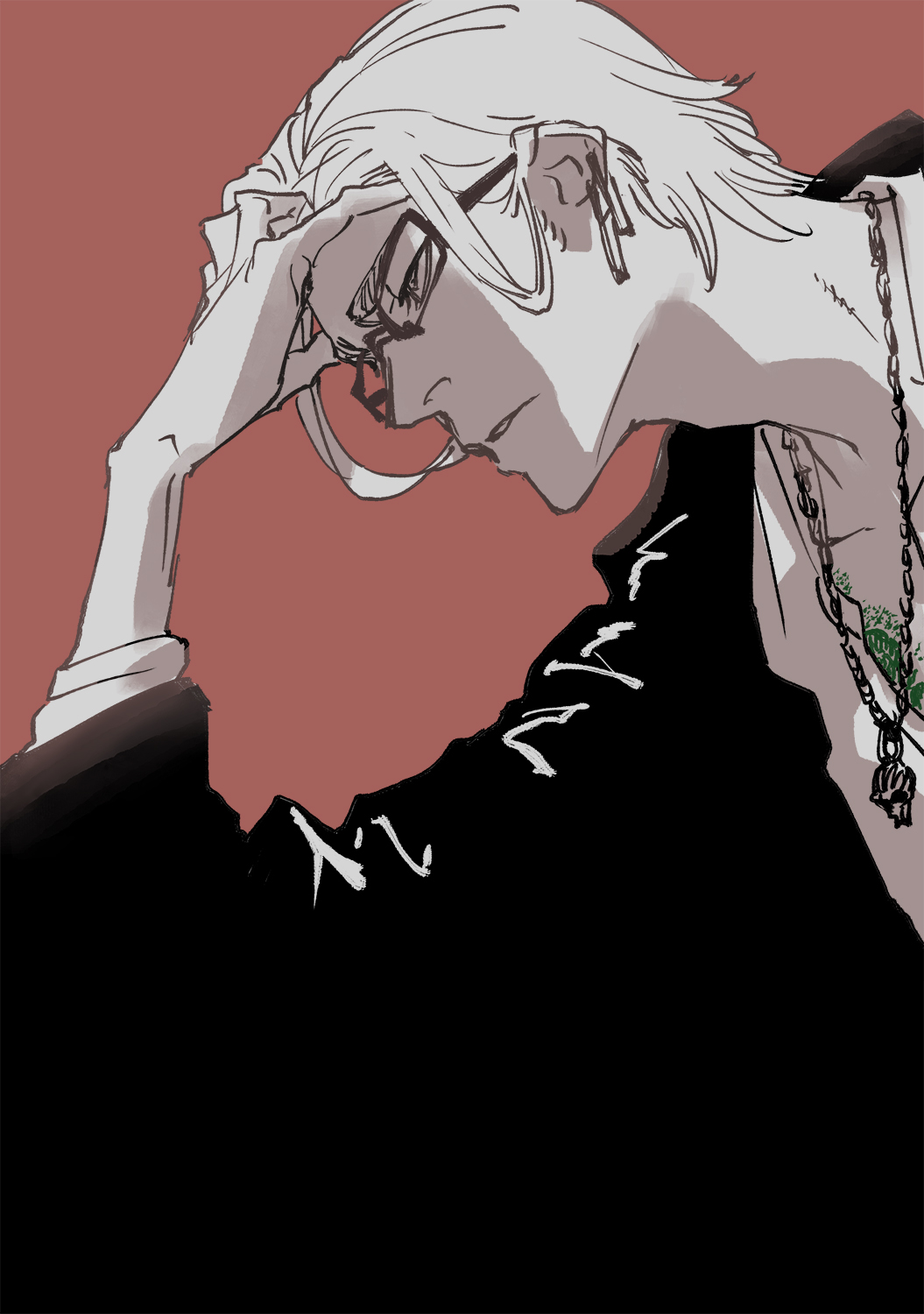 1boy bleach bleach:_sennen_kessen-hen chain chain_necklace glasses hand_on_own_head highres jacket jewelry kajomaru_hidetomo kubo_tite long_sleeves male_focus necklace partially_colored shirt short_hair sidelocks white_shirt