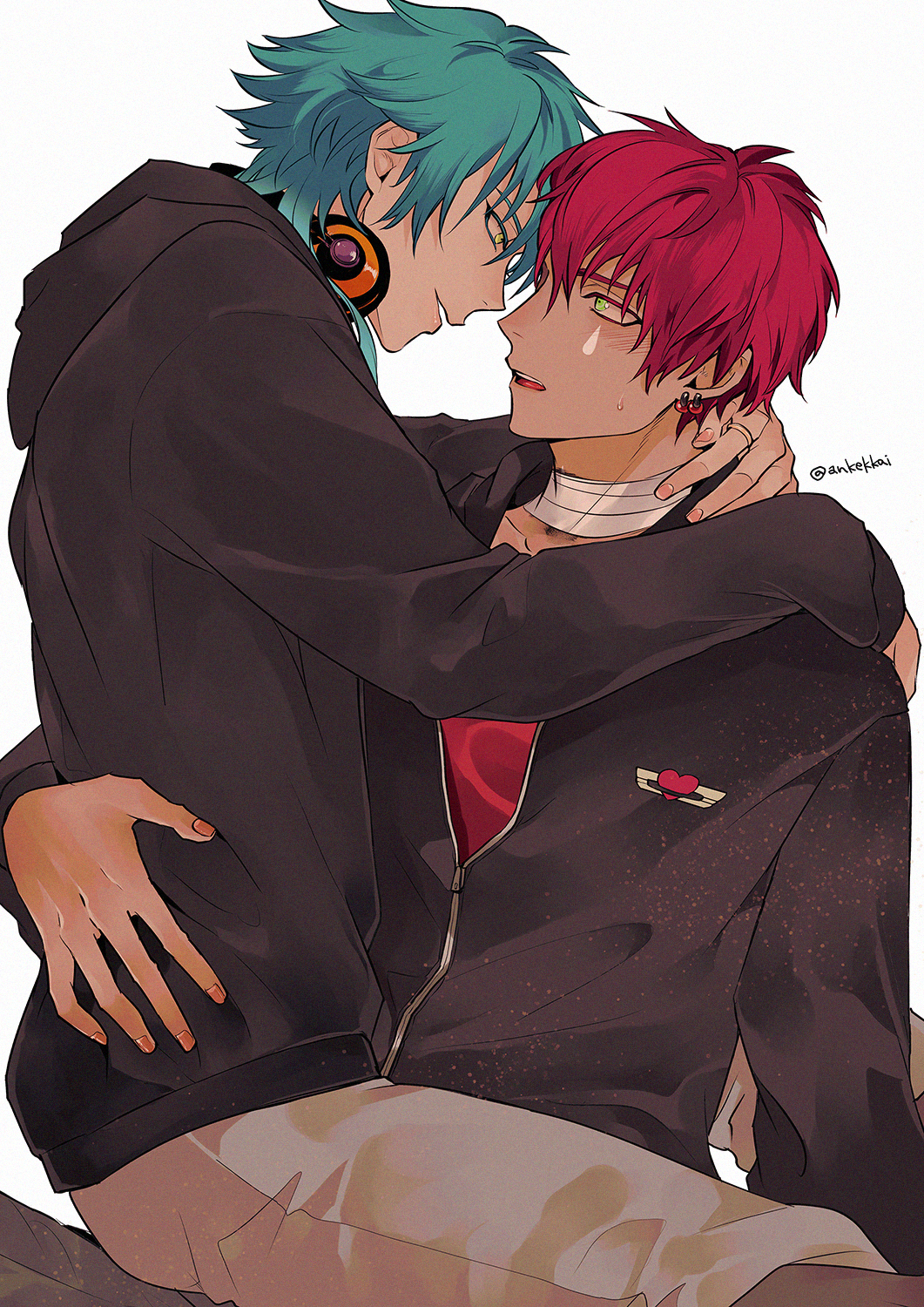 2boys alternate_costume ankekkai aqua_hair bandaged_neck bandages black_hoodie black_jacket blue_hair dark-skinned_male dark_skin dramatical_murder earrings eye_contact face-to-face green_eyes grey_pants headphones headphones_around_neck highres hood hood_down hoodie hug jacket jewelry long_sleeves looking_at_another male_focus mizuki_(dramatical_murder) multiple_boys open_mouth pants red_hair red_shirt ring seragaki_aoba shirt short_hair simple_background sitting sitting_on_lap sitting_on_person smile sweatdrop twitter_username white_background yaoi yellow_eyes