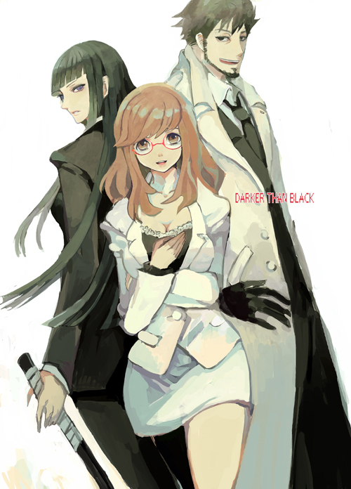 00s 1boy 2girls bad_id bad_pixiv_id black_hair breasts brown_hair cleavage darker_than_black formal_clothes glasses hazuki_mina_(darker_than_black) long_hair looking_back migratory_tori multiple_girls pant_suit pants pantyhose sawasaki_youko shizume_genma suit weapon