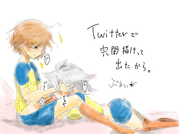 2boys annmitukinako blush brown_hair fellatio gender_request genderswap ichinose_kazuya inazuma_eleven inazuma_eleven_(series) male_focus multiple_boys oral silver_hair soccer_uniform sportswear tagme uncensored yamino_kageto yaoi