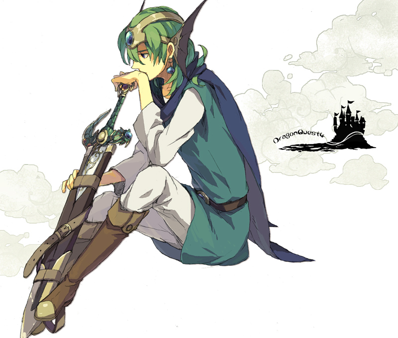 1boy blue_cape blue_eyes boots brown_footwear cape castle circlet cloud dragon_quest dragon_quest_iv earrings ebira green_hair green_tunic hand_on_sheath helm helmet hero_(dq4) jewelry pants scabbard sheath sheathed short_hair sword tunic undershirt weapon white_pants white_sleeves zenithian_sword