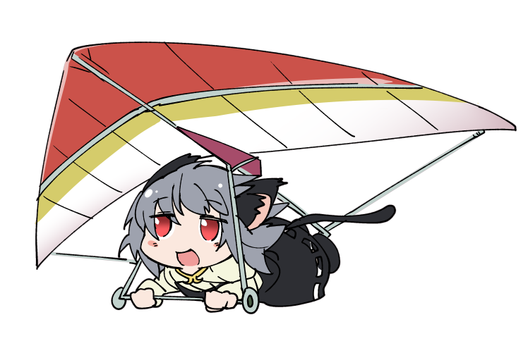 1girl animal_ears blush capelet commentary_request cookie_(touhou) dress full_body grey_dress grey_hair hair_blowing hang_gliding ixy long_sleeves mouse_ears mouse_girl mouse_tail nazrin nyon_(cookie) open_mouth red_eyes shirt short_hair simple_background smile solo tail touhou white_background white_capelet white_shirt