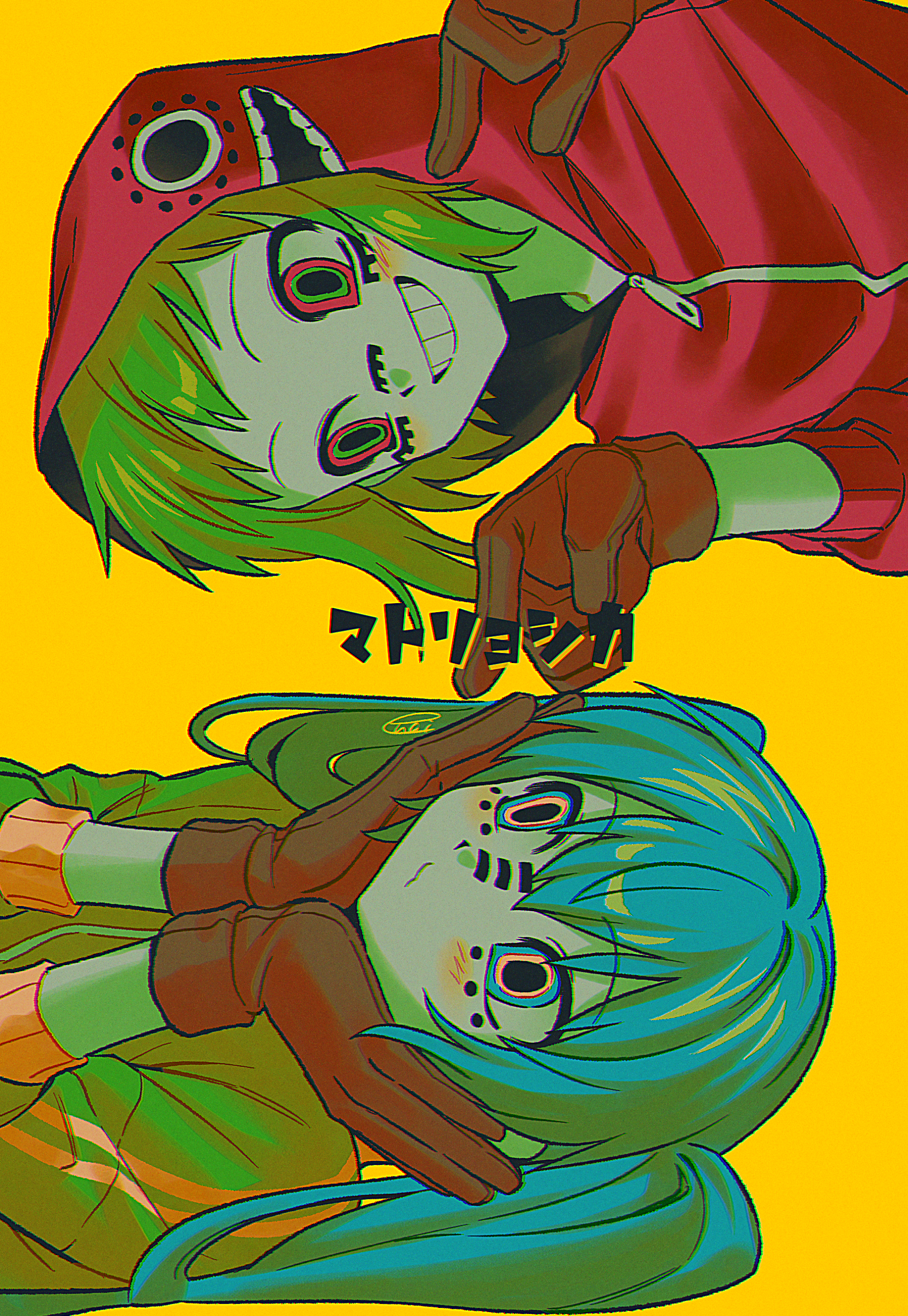 2girls absurdres blue_eyes blue_hair blush brown_gloves closed_mouth colored_skin double-parted_bangs double_vertical_stripe eye_contact facial_mark gloves green_hair green_jacket grin gumi hair_between_eyes hair_intakes hands_on_own_cheeks hands_on_own_face hands_up hatsune_miku highres hood hood_up hoodie jacket long_hair long_sleeves looking_at_another matryoshka_(vocaloid) menma_(enaic31) multiple_girls pointing pointing_at_another puffy_long_sleeves puffy_sleeves red_eyes red_hoodie short_hair simple_background smile twintails upper_body vocaloid white_skin yellow_background zipper
