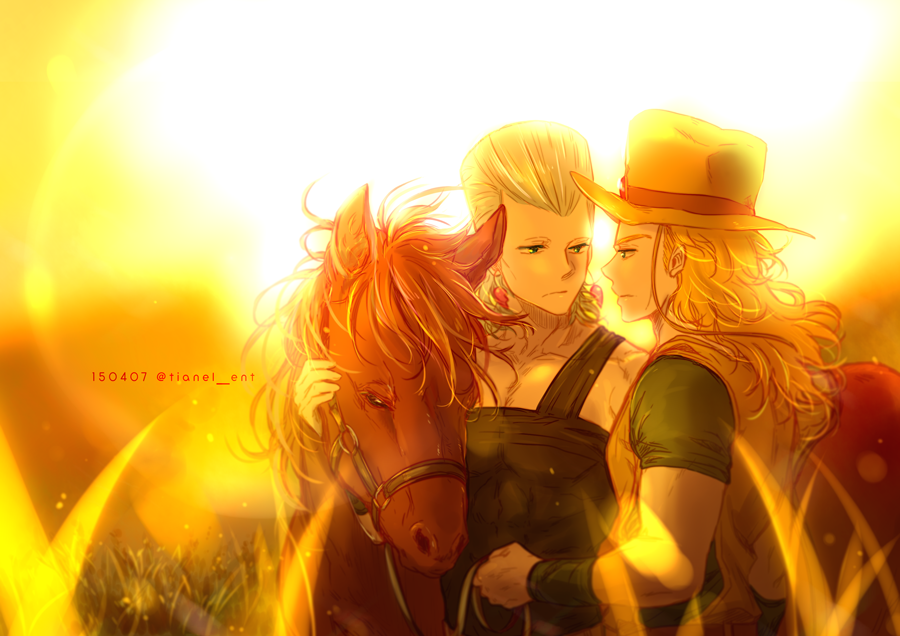 2boys animal_ears blonde_hair blue_eyes cowboy_hat earrings field flattop hat hol_horse horse_ears jean_pierre_polnareff jewelry jojo_no_kimyou_na_bouken male_focus multiple_boys muted_color stardust_crusaders sunlight tianel_ent yellow_theme