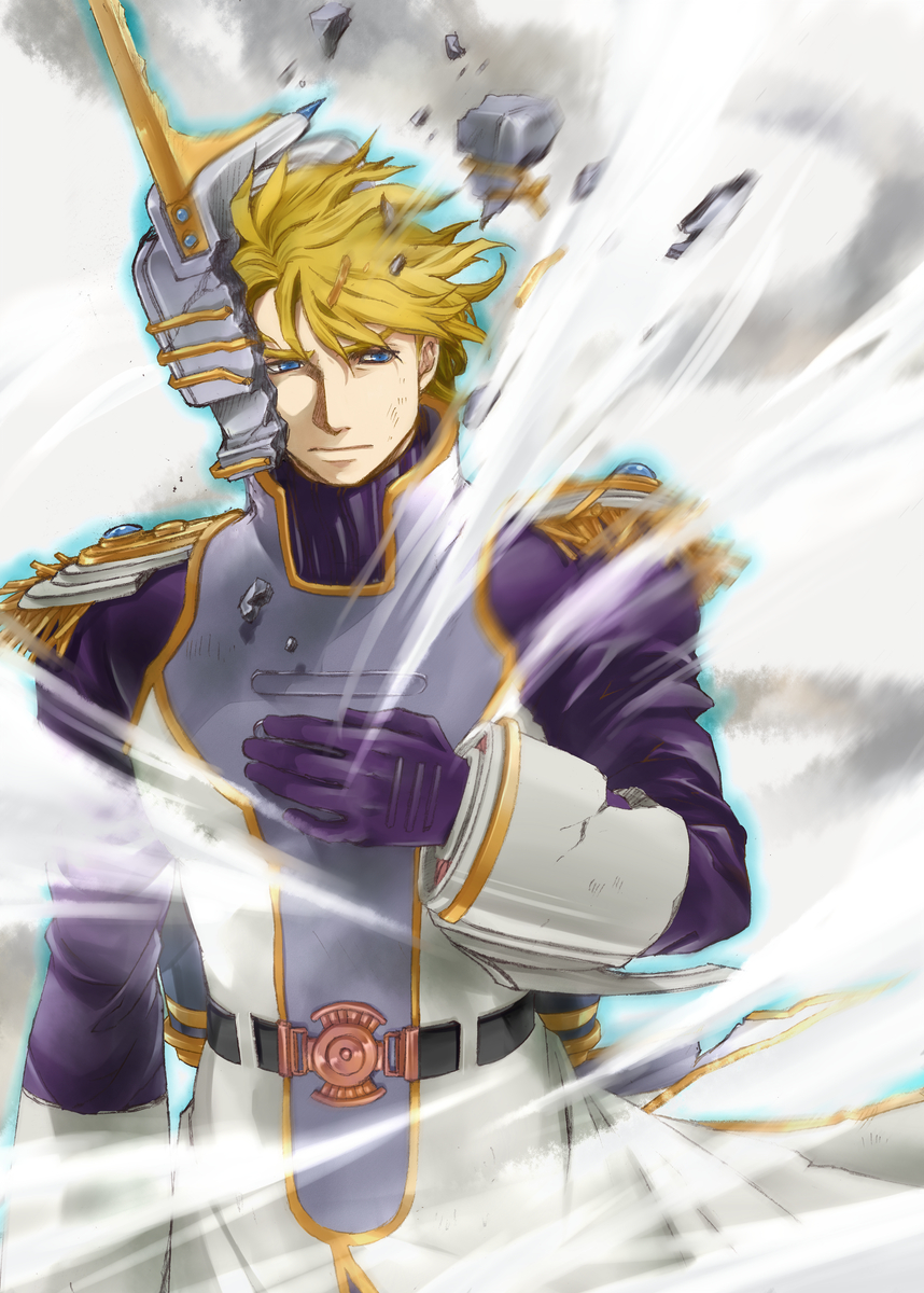 10s 1boy blonde_hair blue_eyes cape epaulettes helmet highres keith_goodman male_focus mask short_hair sky_high_(tiger_&amp;_bunny) solo superhero_costume tiger_&amp;_bunny toyu unworn_mask