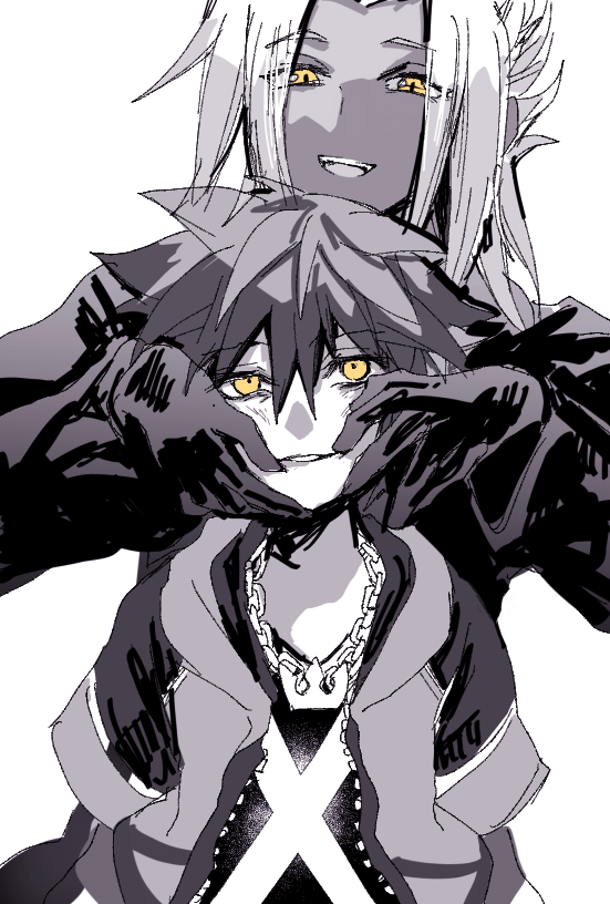 2boys alternate_eye_color black_coat_(kingdom_hearts) chain chain_necklace coat dark-skinned_male dark_skin gloves greyscale hands_on_another&#039;s_face height_difference hood hood_down jacket jewelry keiseki1 kingdom_hearts kingdom_hearts_3d:_dream_drop_distance long_hair male_focus monochrome multiple_boys necklace open_clothes open_jacket parted_bangs pendant possessed short_hair short_sleeves simple_background smile sora_(kingdom_hearts) spiked_hair spot_color upper_body white_background xehanort yellow_eyes